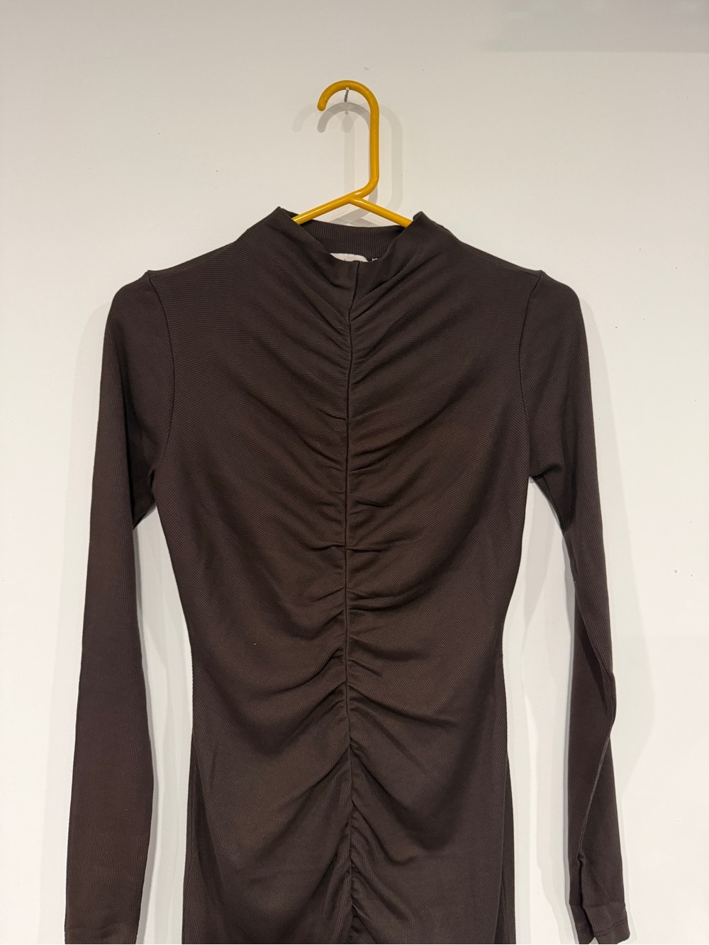 Michael Stars Ultra Rib Romi front Ruched Mini dress- Java - Picture 2 of 12